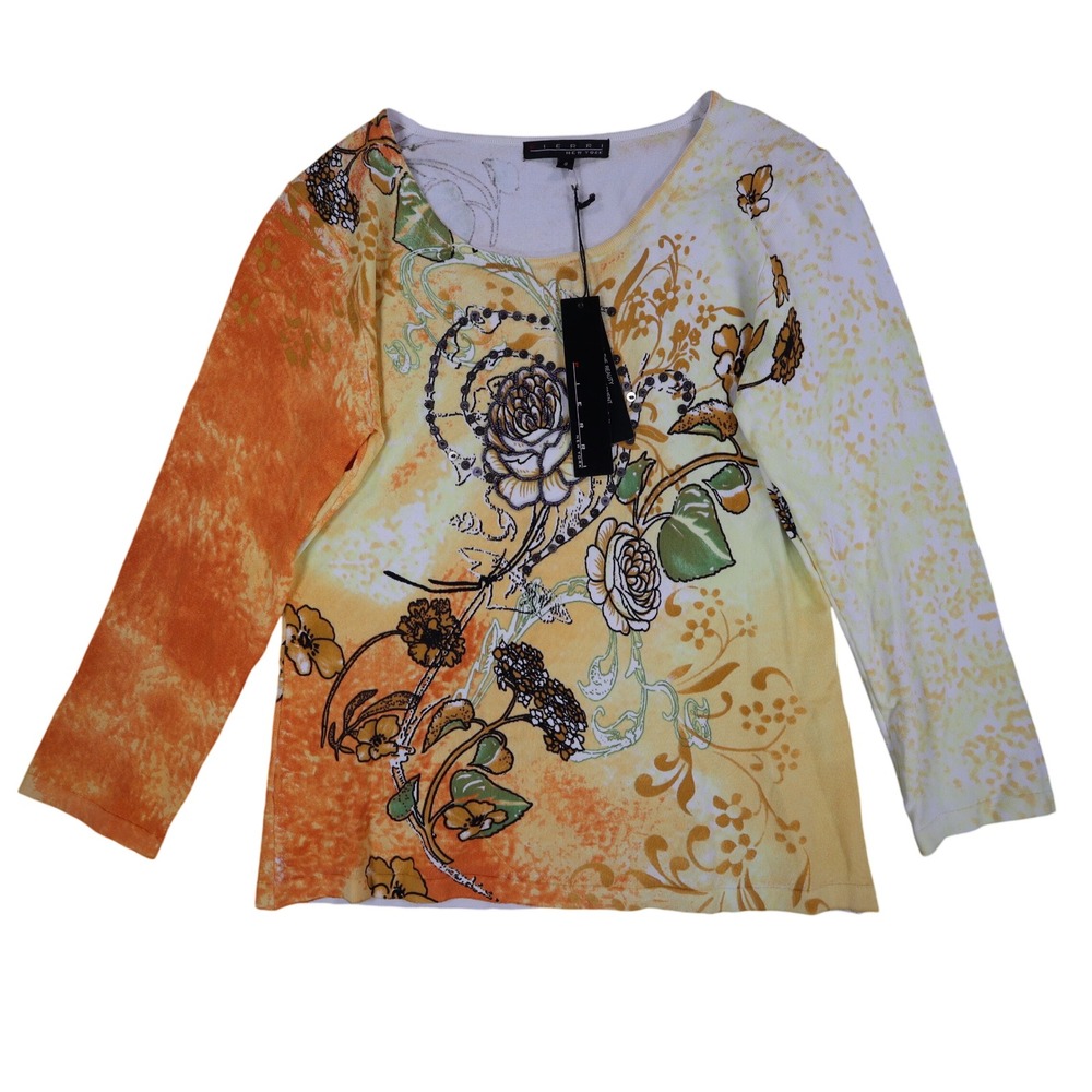 Pierri New York Top Womens Small Y2K Yellow Orange Beaded Floral Sequin A9067
